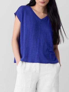 Eileen Fisher Organic Linen Jersey V-Neck Tee beach minimalist Lagenlook costal
